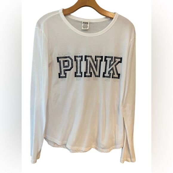 Pink Sz S White Rhinestone Crew Neck Classic Cotton Long Sleeve T-Shirt - Picture 1 of 5